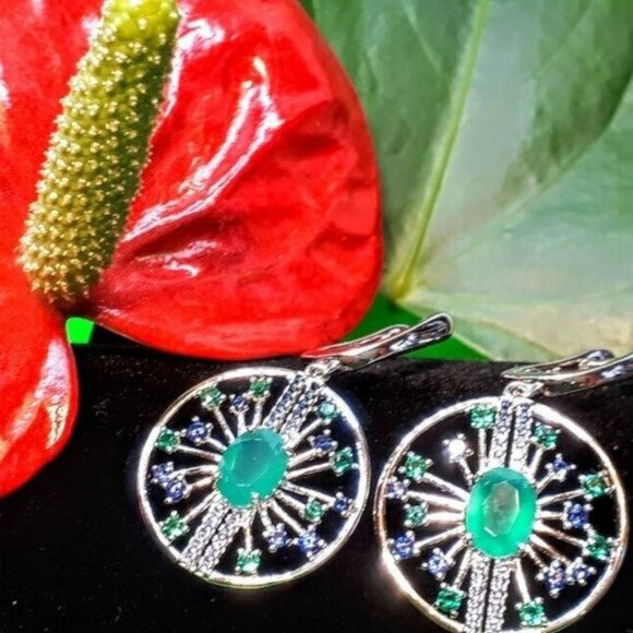 Natural Green Agate & CZ 925 Sterling Silver Round Earrings. - Picture 2 of 7